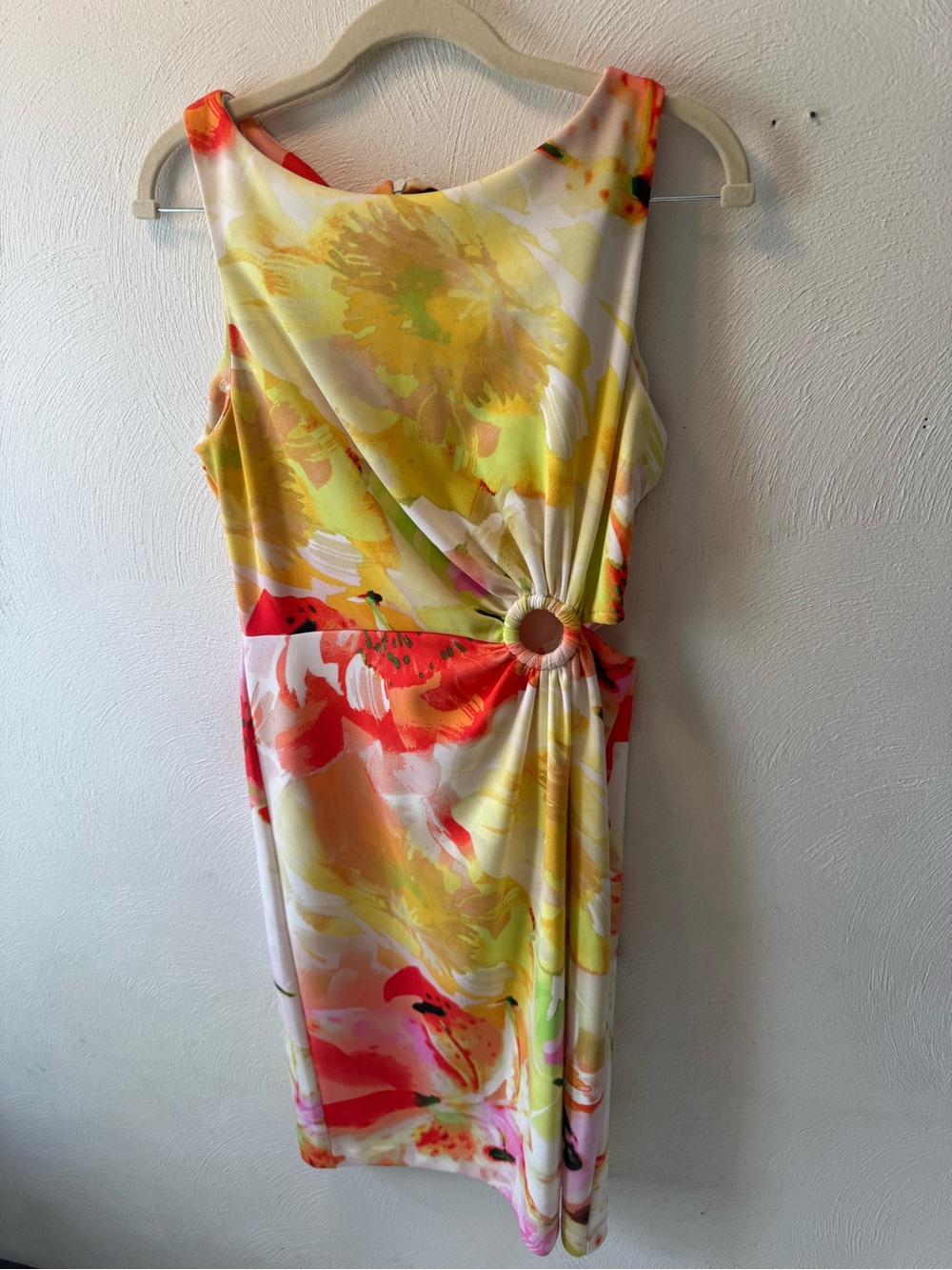 Floral Ring Detail Side Cutout Sheath Dress Tropical Watercolor Pink Yellow Sz 8 - Picture 3 of 7